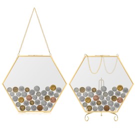 Bgzdxhxyr Gold Glass Frame for Coin Display, Hanging Coin Collecting Holders, Currency Dollar Bill Collection Supplies Holders for Collectors, Double Glass Piggy Bank (S)