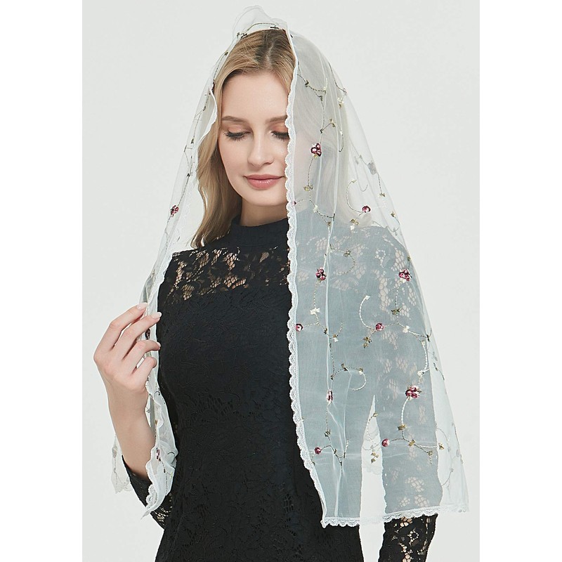 Orthodox Veil Head Covering with Embroidered Flowers Catholic Chapel Mantilla