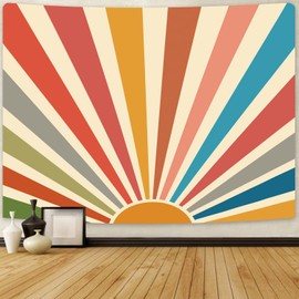 SparkLia Sun Tapestry Vintage Boho Wall Hanging Hippie Retro 70s Sunrise Sunset Home Decor Abstract Geometric Wall Art for Bedroom, Living Room - 59.1" x 80" - Rainbow