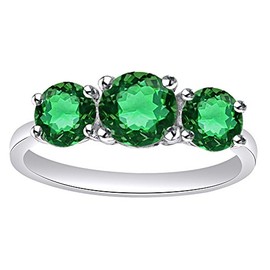 AFFY 1.55 Ct Round Cut Simulated Green Emerald CZ Three Stone Ring in925 Sterling Silver