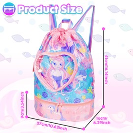 PinkSheep Swimming Bag for Children, Sports Bag, Drawstring Backpack for Girls and Boys - Waterproof Beach Bags with Shoe Compartment and Wet Bag for Swimming Pool Beach Travel School, mermaid, Unit