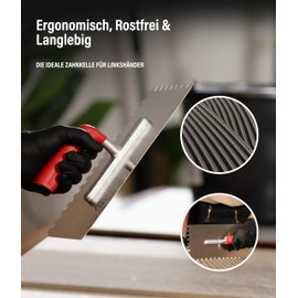 Karl Dahm® Soft Grip Toothed Trowel 10 mm for Left-Handed Users, Professional Smoothing Trowel, Stainless Steel, Ergonomic Handle, Fatigue-Free, Made in Germany, 13642
