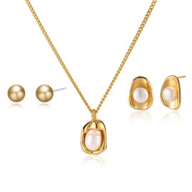 lijiayione Gold Jewelry Set for Women Dainty 14K Gold/Silver Plated Pearl Necklace and Earring Set Pearl Drop Earrings Pearl Choker Necklace Wedding Jewelry for Women Gift
