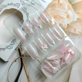 24Pcs Almond Press on Nails Medium False Nails Pink Bow Fake Nails Bling Camellia Flower Charms Glue on Nails 3D Pearl Butterfly Artificial Acrylic Nails French Tip Stick on Nails for Women Girls