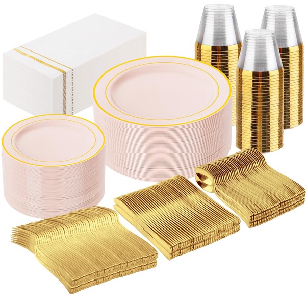 GATHER 350pcs Pink Plastic Plates - Disposable Plastic Dinnerware Set