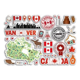 A5 Sticker Sheet Vancouver Landmarks Vinyl Stickers - Canada Canadian Stamps Skyline Flag Travel Holiday Map City Scrapbook Aesthetic #80499