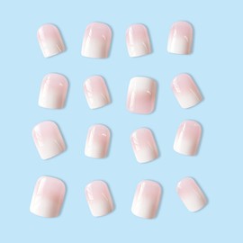 JUSTOTRY 24 Pcs Pink Solid Fake Nails Short,Gradient Square Press on Nails Pattern,Glossy False Nails Medium for Nails Art,French Squoval Stick on Nails for Women Gifts