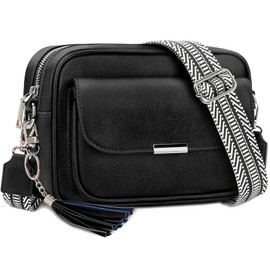 NEWIROVE Small Cross Body Bag Women Leather Crossbody Bags PU Vintage Ladies Handbags & Shoulder Bags With Tassel Shoulder Bag With Adjustable And Removable Wide Strap For Travel Casual Work，Black