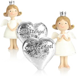 com-four® 2 x Decorative Angel Guardian Angel with Heart – Stand Decorative Figure – Angel Figure in Silver – Lucky Angel with "Guardian Angel" – Decoration and Lucky Charm