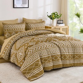 Yiran Taupe Brown Fall Comforter Set Queen Size, 7 Piece Boho Striped Bedding Set, Geometric Aztec Bed in a Bag Queen, Soft Microfiber Bohemian Complete Bedding Set with Sheets for All Season