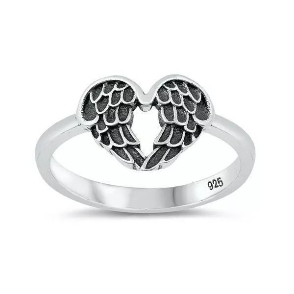 Silver Line Heart Wings Ring Genuine Sterling Silver 925 Oxidized