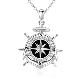 YAFEINI Anchor Necklace for Women 925 Sterling Silver Blue Ocean Heart Nautical Pendant Chain Crystal Jewellery Gift for Girls Mother Daughter, Sterling Silver, Black Onyx