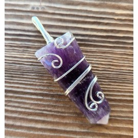 AMETHYST FLAT PENCIL FANCY WIRE WRAPPED PENDANT GEMSTONE