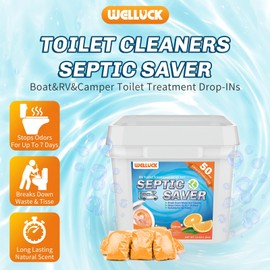 WELLUCK 50 Packs RV Toilet Treatment Drop Ins, Black Tank Deodorizer for Camper, Marine Portable Toilet, Break Down Waste and Tissue, Septic Tank Treatment, Kit for 50 Week（Citrus）