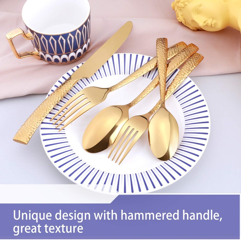 Kelenfer Silverware Set Flatware Set Gold Hammered Handle Cutlery Set