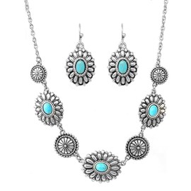 Rosemarie & Jubalee Women's Cowgirl Chic Natural Howlite Stone Center Concho Western Jewelry Gift Set (Turquoise Burnished Silver Tone Necklace And Earrings, 18"+3" Extension)