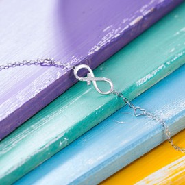 BlingGem Women's Infinity Charm Bracelet, White Gold Plated 925 Sterling Silver Infinity Symbol and Heart Inlaid with Round Cubic Zirconia Crystals, Graduation Jewellery, Silver