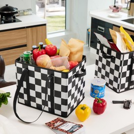 Ohocut Checkered Reusable Grocery Bags Heavy Duty 3 Pack Foldable Shopping Bags with Handles for Groceries Collapsible Tote (Black and White)