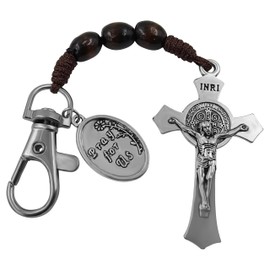 TALISMAN4U Catholic Rosary Keychain for Car St Benedict Cross Saint Christopher Pray for Us Medal Pocket Rosary Key Chain Religious Accessory Wood Beads, Brown, Small