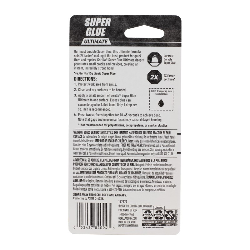 Gorilla Ultimate Super Glue, Clear Glue, 15 Grams (Pack of
