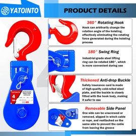 YATOINTO 4 ton Snatch Block with Hook, 4.5" Sheave 1/2" Inch Wire Rope Snatch Block, 8800lbs Snatch Pulley for Rollback Wrecker Car Hauler Winch