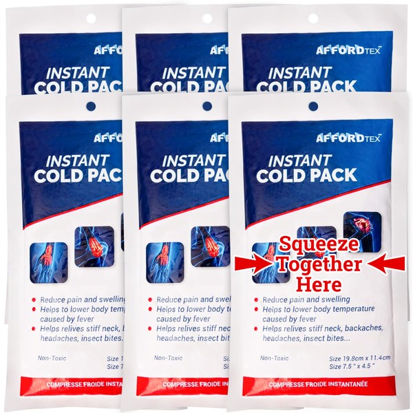 AFFORDTEX Instant Cold Pack –6 Count Disposable 7.5 x 4.5 Inches Ice Packs – Must Have Medical Supplies for Outdoor Activities – Ice Packs Ideal for Injuries, Inflammation, Sprains, Strains