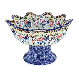 Blue Rose Polish Pottery Blue Butterfly Pedestal Fruit Bowl