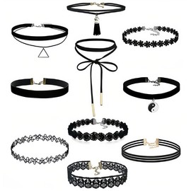ZKGYUS 10 Piece Choker Necklace for Women, Choker Necklace Set, Black Lace, Tattoo, Velvet, Choker for Women and Teenage Girls