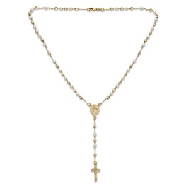 Bling Jewelry Dainty Delicate White Simulated Pearl Virgin Mary Medallion Rosary Beads Crucifix Cross Necklace for Women Teen Gold Plated