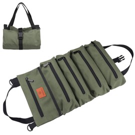 Roll Up Tool Bag, 16A Canvas Roll Up Pouch with 5 Zipper Pockets, Multi-Purpose Tool Pouch Roll(Green)