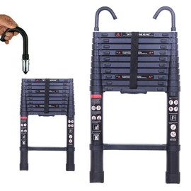 Bowoshen Telescoping Ladder 10.5FT Aluminum Extension Ladder with 2 Removable Hooks, Heavy Duty Folding Ladder 330lbs Capacity with Anti-Slip Rubber Feet, Adjustable Height Home Ladder (Black)