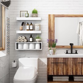 JOLLYMER White Floating Shelves Set of 3, Farmhouse Bathroom Shelves Over Toilet with Paper Storage Rack, 21 x 6 Inch Wall Shelves for Bathroom, Bedroom, Kitchen, Fully Assembled