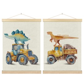 BCUANGD Dinosaur and Construction Truck Wall Decor - Dino Poster Hanger with Wood Frames Set of 2, Kids Car Vehicles Wall Hanging Canvas Decor for Kids Room Nursery Playroom, 12x16 Inches 482