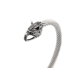 BAVIPOWER Nordic Fenrir Wolf Heads Odin Raven Dragon Serpent Stainless Steel Bracelet Strong Pagan Jewelry Protection For Men Women (Wolf Heads 2)