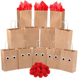 Kolldenn 24 Pcs Christmas DIY Reindeer Treat Bags Include 24 Kraft Paper Bags 24 Red Pom Pom 60 Self Adhesive Eyes and 30 Red Tissue Paper for Christmas DIY Crafts Party Favor Supplies