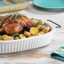 Oven to Table White Casserole Porcelain Baking Dish with Iron Rack, Nonstick Large Rectangular Meal Prep Cookware Dish, 1-Quart Baker Ovenproof Pan