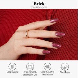 Drizzle Semi Cured Gel Nail Strips, Real Nail Polish Art Stickers (UV/LED Light Required), Glossy, Glitter, Solid Color, Full Nail Wraps Long Lasting Waterproof, Nail Strips Decal for Women (Brick)