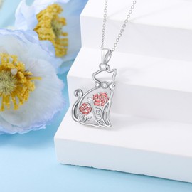 LWXIE Diamond Rose and Cat Necklace for Women 925 Sterling Silver June Birth Flower in Cat Pendant with Lab Grown Diamond Jewelry Gifts for Cat Lovers