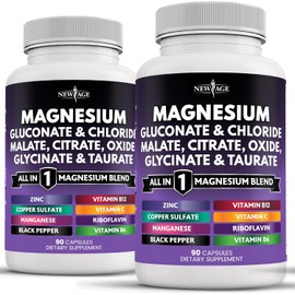 NEW AGE Magnesium Supplement -Powerful Glycinate Citrate Malate Oxide Taurate Aspartate Gluconate Orotate & Mag Chloride Manganese Bone Health and Bone Strength, Joint Support- 180 Count