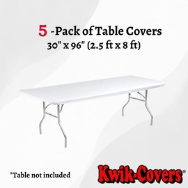 Kwik-Covers Rectangular Plastic Table 8' Covers Bundle of 5 with Seventy (70) Ohm Commerce Paper Napkins - Indoor or Outdoor Fitted Table Covers (Table NOT Included) (30" x 96" White)