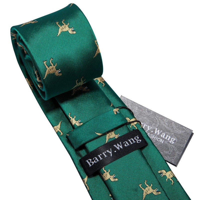 Barry.Wang Fun Ties Dinosaur Necktie Set Handkerchief Cufflink Green