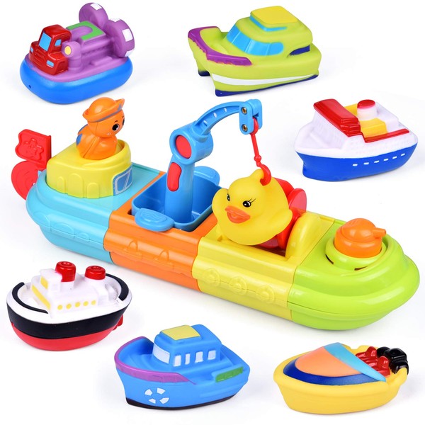 FUN LITTLE TOYS Baby Bath Toys, 7 PCs Toy Boats Include One Big Wind Up Bath Boat and 6 Bath Squirters Toy Boats, Birthday Gifts for Boys & Girls