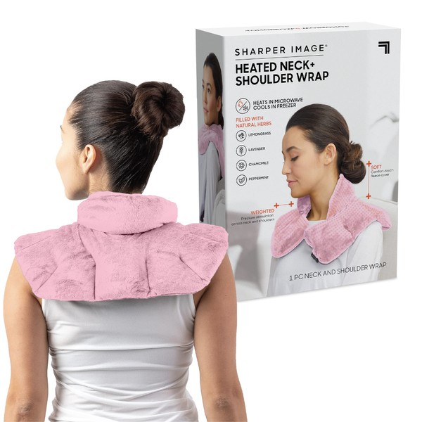 Sharper Image Heated Neck & Shoulder Wrap - Microwavable Warm & Cooling Plush Pad, Scented Aromatherapy (100% Natural Lavender & Herb Spa Blend), Pain Tension Headache Relief Therapy, Gift for Women