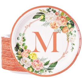JASSEWRLY 60 Pcs Floral Paper Plates, 9" Letter M Tea Party Plates Bridal Shower Plates, Floral Plates Baby Shower Plates Birthday Party Dessert Plate for Birthday Baby Bridal Shower Tea Party Wedding