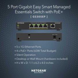 NETGEAR 5 Port PoE Gigabit Ethernet Easy Smart Managed Essentials Switch (GS305EP) - with 4 x PoE+ @ 63W, Desktop or Wall Mount
