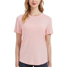 netdraw Women's Lightweight and Soft Bamboo Viscose T-Shirt Curved Hem Crew Neck Smooth Trendy Sleep Lounge Pajama Tops, Pink, Large