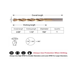 DRILLFORCE 10 PCS,7/64" x 2-5/8"Titanium Coated Twist Drill Bits, Metal Drill, Pack in Plastic Bag (7/64)