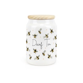 Purely Home Scattered Bees Ceramic Decaf Tea Storage Canister - Bumblebee Ceramic Kitchen Food Storage Container & Wooden Lid 600ml (14.5cm x 9.5cm)