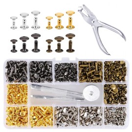 CATELL 180 Pieces Leather Rivets Set, Rivets for Leather, 4 Colours with 4 Pieces Fixing Tool, 3 Sizes, Hollow Rivets, 12 mm, 8 mm, 6 mm, Leather Rivets, Double Cap for DIY Crafts, Repair, Clothing