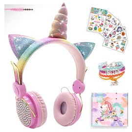 SVYHUOK Girls Pink Unicorn Wired Headphones,Cute Cat Ear Kids Game Headset for Boys Teens Tablet Laptop PC,Over Ear Children Headset withMic,for School Birthday Xmas Gifts